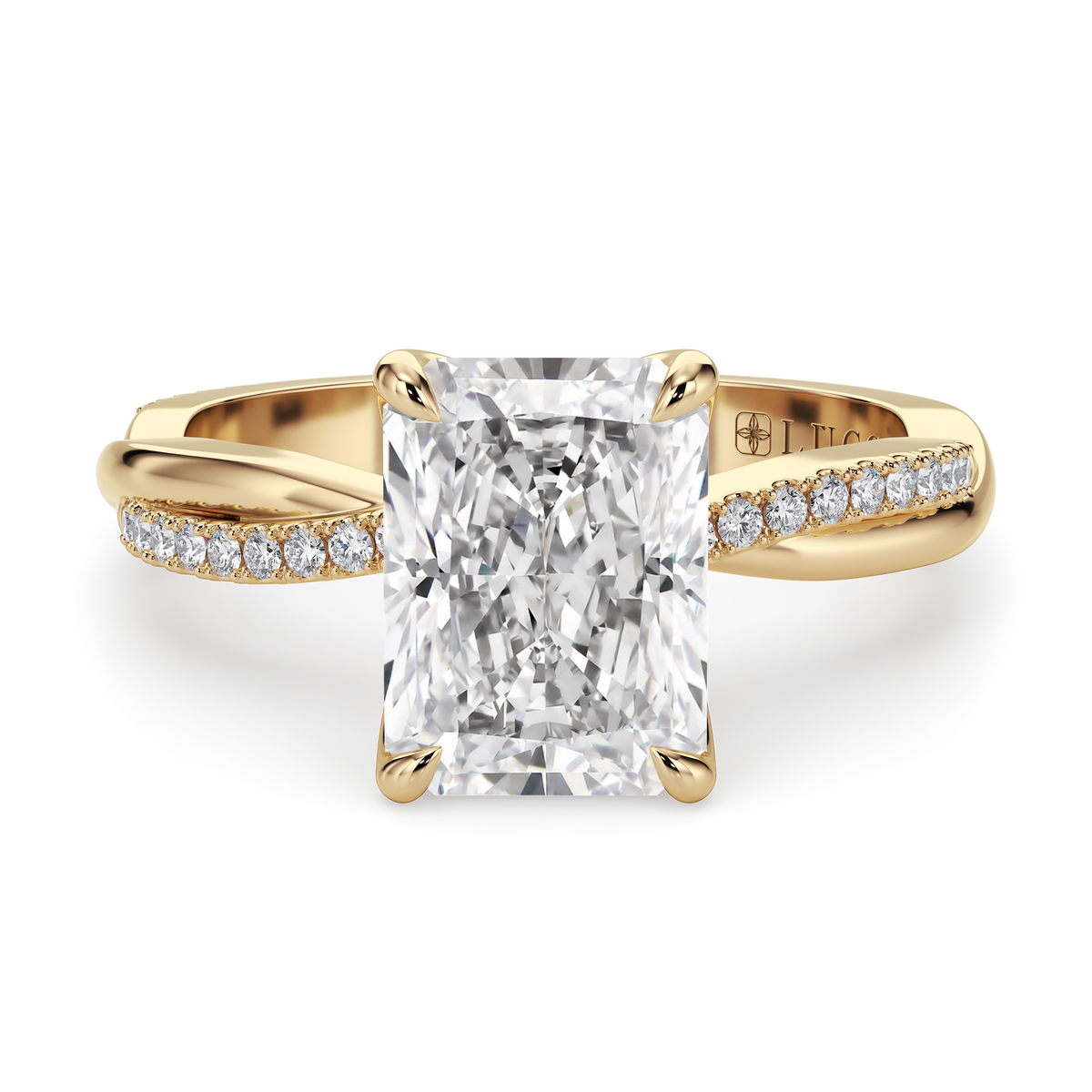 Load image into Gallery viewer, LUCCE Twisting Radiant Pave Diamond Engagement Ring with Petal Prongs in Gold or Platinum
