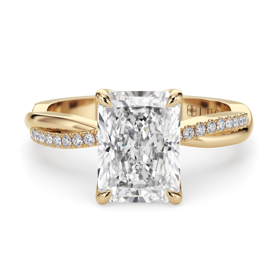 Load image into Gallery viewer, LUCCE Twisting Radiant Pave Diamond Engagement Ring with Petal Prongs in Gold or Platinum
