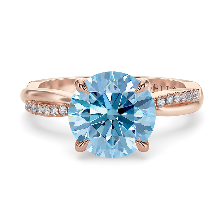 Load image into Gallery viewer, LUCCE Twisting Pavé Round Blue Diamond Engagement Ring with Petal Prongs in Gold or Platinum
