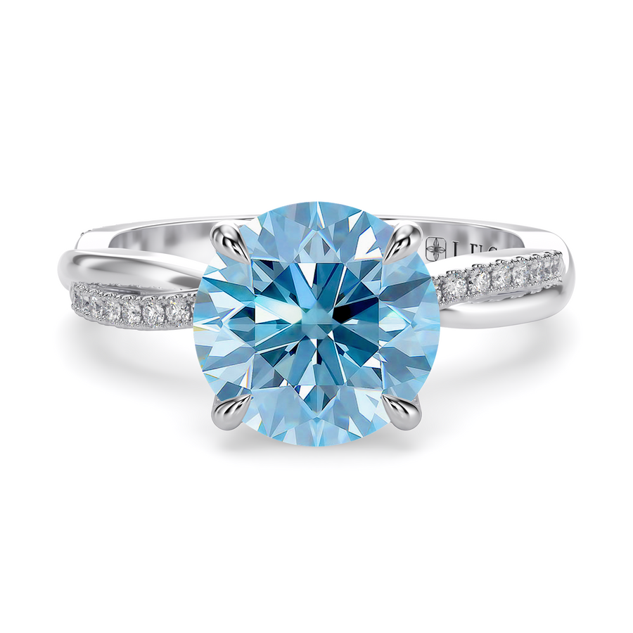 Load image into Gallery viewer, LUCCE Twisting Pavé Round Blue Diamond Engagement Ring with Petal Prongs in Gold or Platinum
