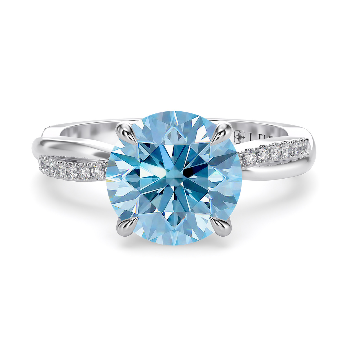 Load image into Gallery viewer, LUCCE Twisting Pavé Round Blue Diamond Engagement Ring with Petal Prongs in Gold or Platinum
