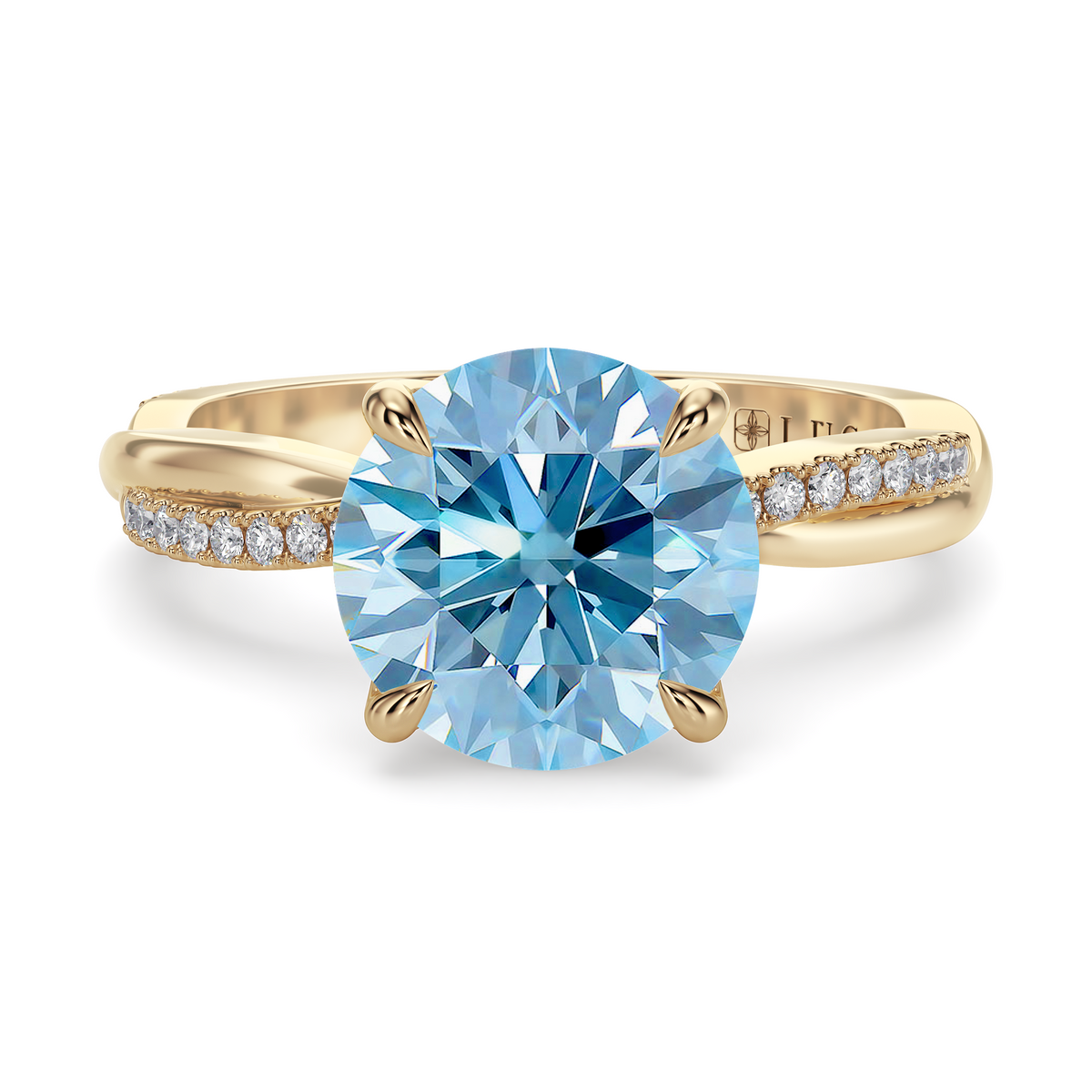 Load image into Gallery viewer, LUCCE Twisting Pavé Round Blue Diamond Engagement Ring with Petal Prongs in Gold or Platinum
