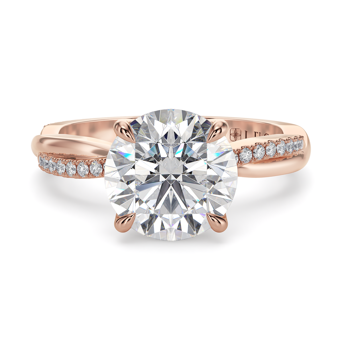 Load image into Gallery viewer, LUCCE Twisting Pavé Round Diamond Engagement Ring with Petal Prongs in Gold or Platinum
