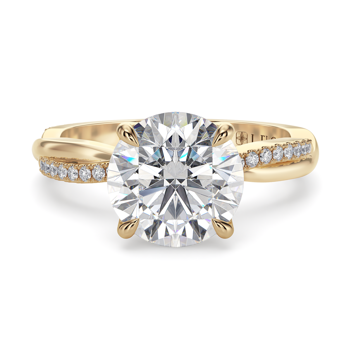 Load image into Gallery viewer, LUCCE Twisting Pavé Round Diamond Engagement Ring with Petal Prongs in Gold or Platinum
