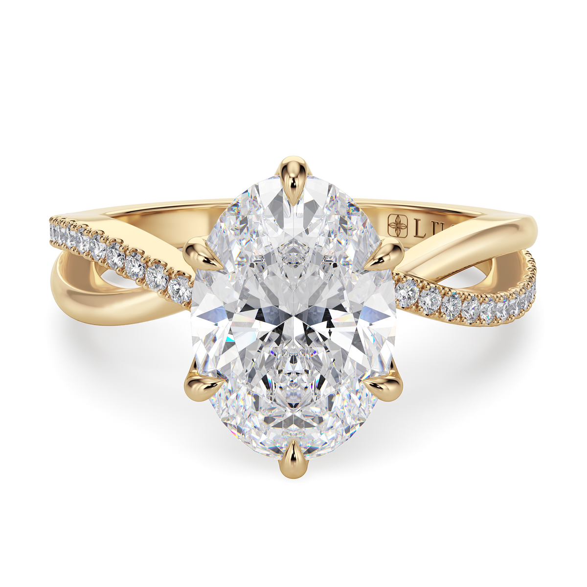 Load image into Gallery viewer, LUCCE Infinity Twisting Pavé Oval  Diamond Engagement Ring with Petal Prongs in Gold or Platinum
