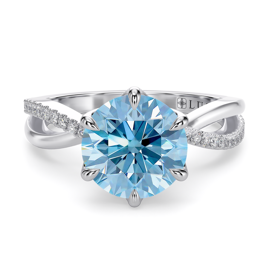 Load image into Gallery viewer, LUCCE Infinity Twisting Pavé Round Blue Diamond with Petal Prongs in Gold or Platinum
