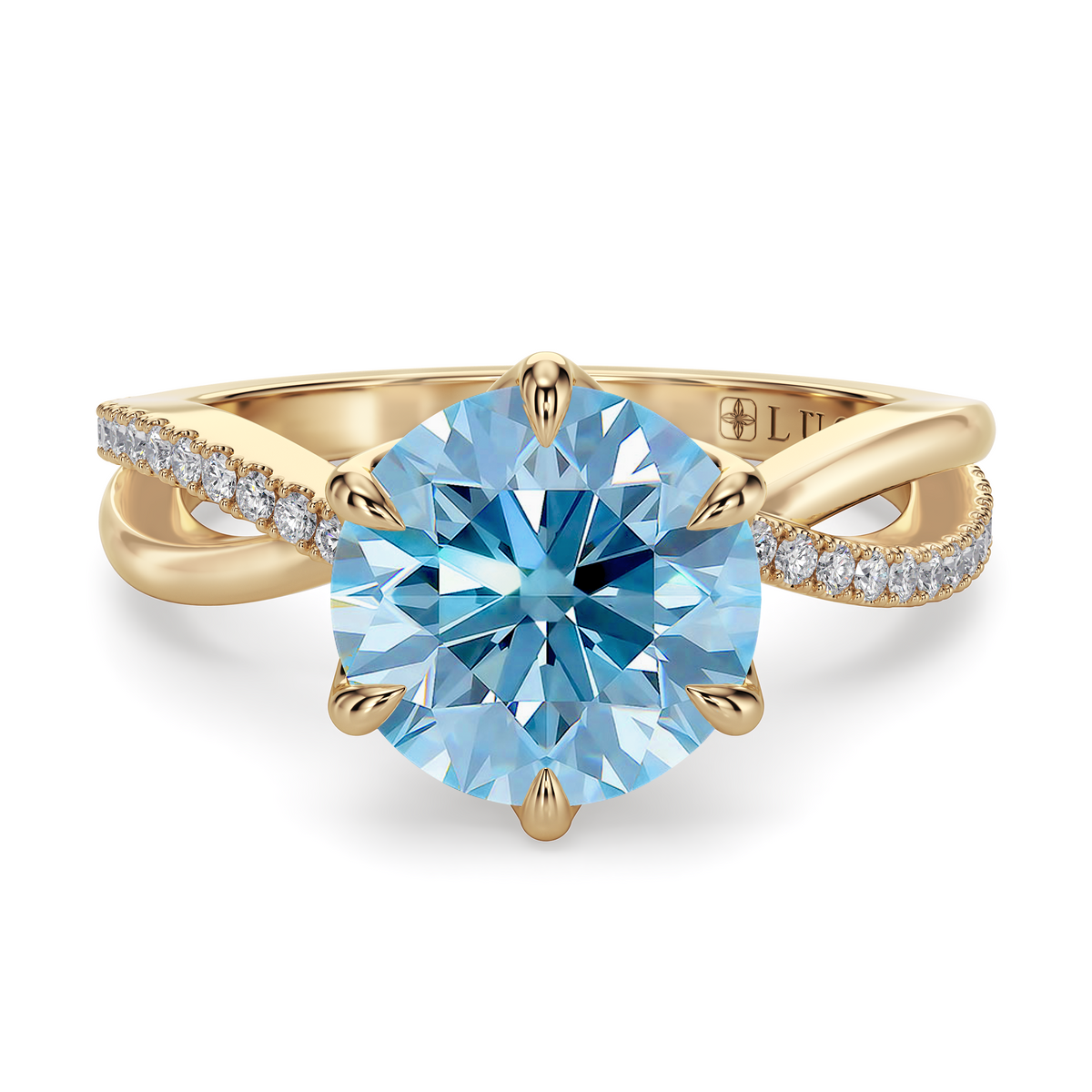 Load image into Gallery viewer, LUCCE Infinity Twisting Pavé Round Blue Diamond with Petal Prongs in Gold or Platinum
