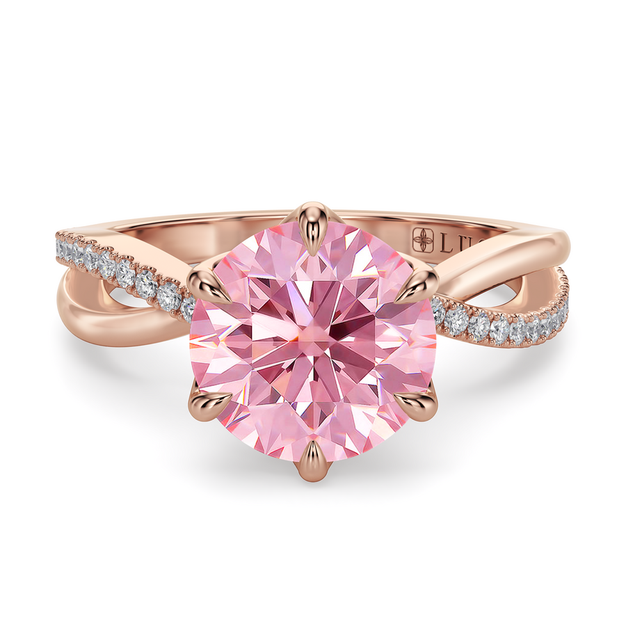 Load image into Gallery viewer, LUCCE Infinity Twisting Pavé Round Pink Diamond with Petal Prongs in Gold or Platinum
