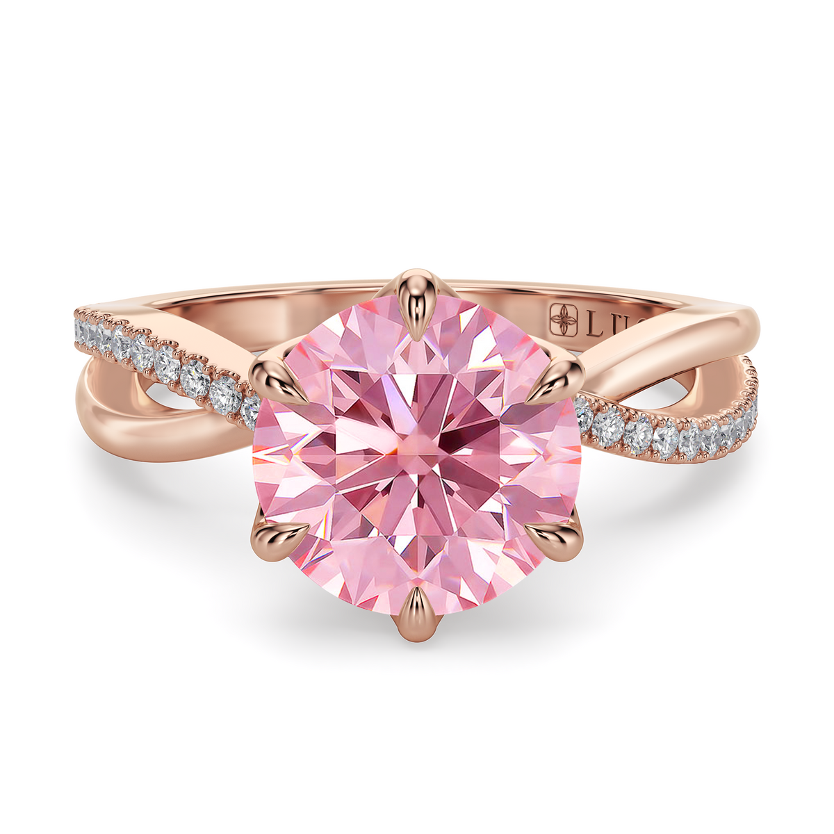 Load image into Gallery viewer, LUCCE Infinity Twisting Pavé Round Pink Diamond with Petal Prongs in Gold or Platinum
