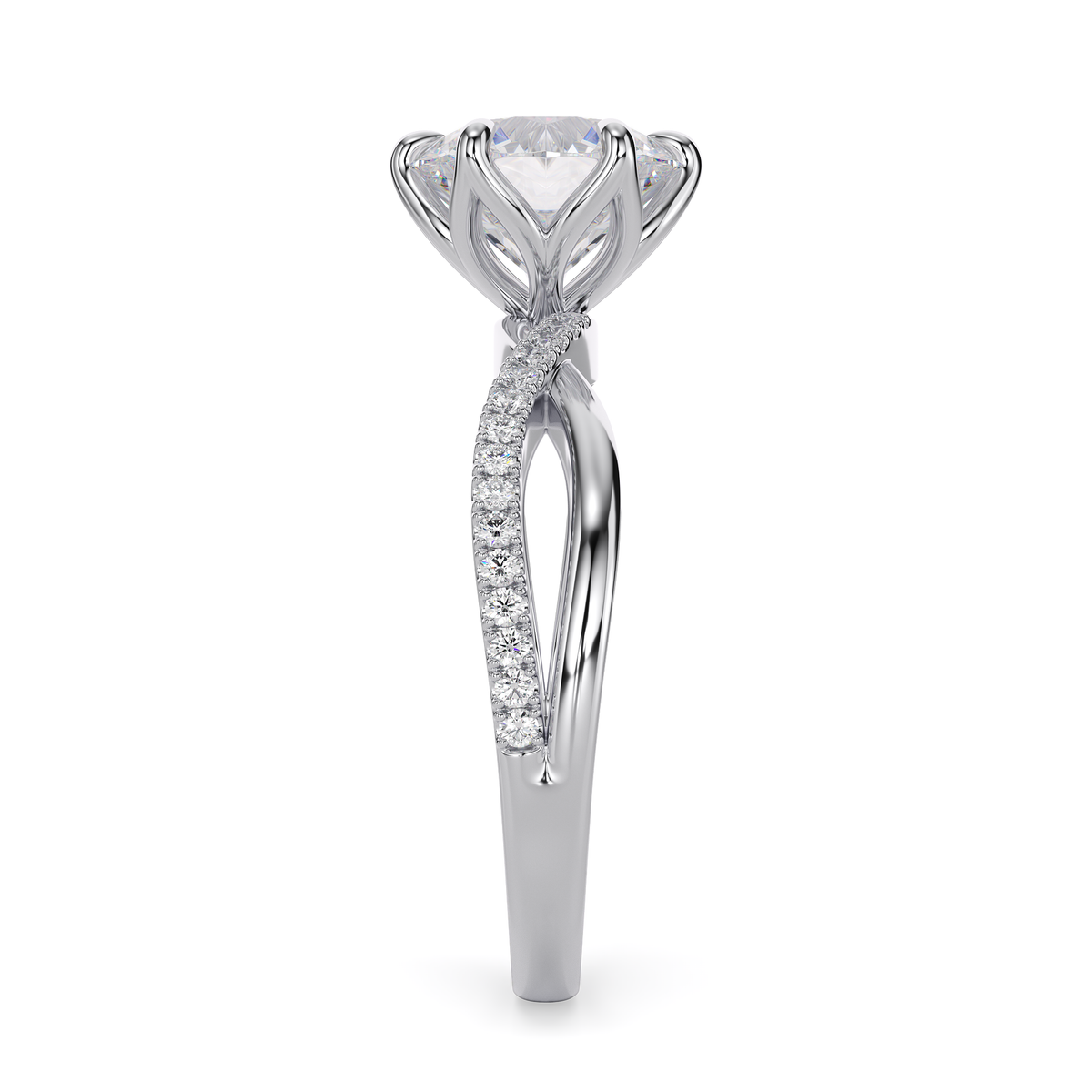 Load image into Gallery viewer, LUCCE Infinity Twisting Pavé Round Diamond with Petal Prongs in Gold or Platinum
