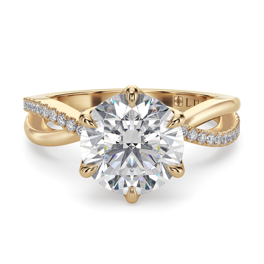 Load image into Gallery viewer, LUCCE Infinity Twisting Pavé Round Diamond with Petal Prongs in Gold or Platinum
