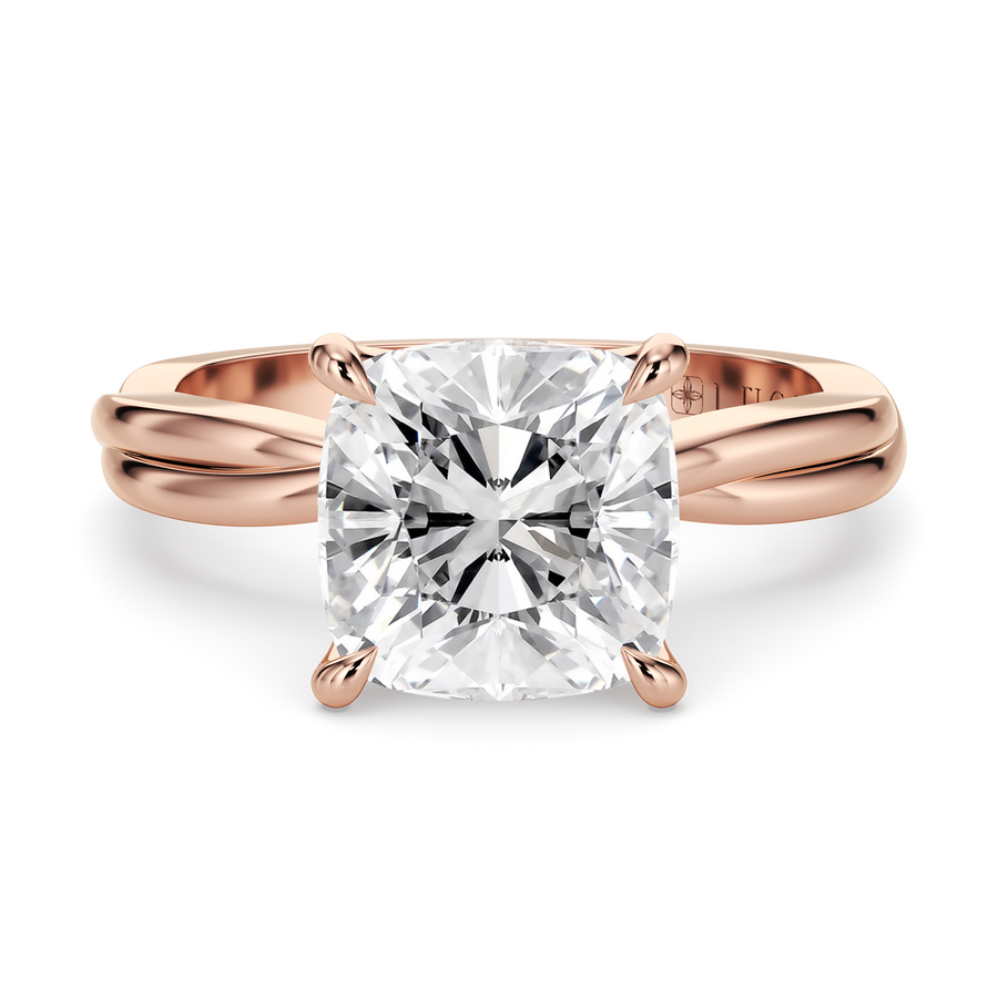 Load image into Gallery viewer, LUCCE Twisting Cushion Solitaire Diamond Engagement Ring with Petal Prongs in Gold or Platinum
