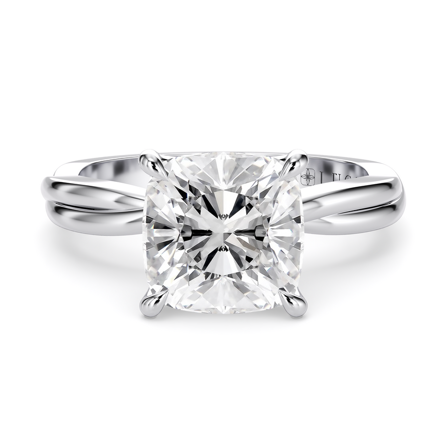 Load image into Gallery viewer, LUCCE Twisting Cushion Solitaire Diamond Engagement Ring with Petal Prongs in Gold or Platinum
