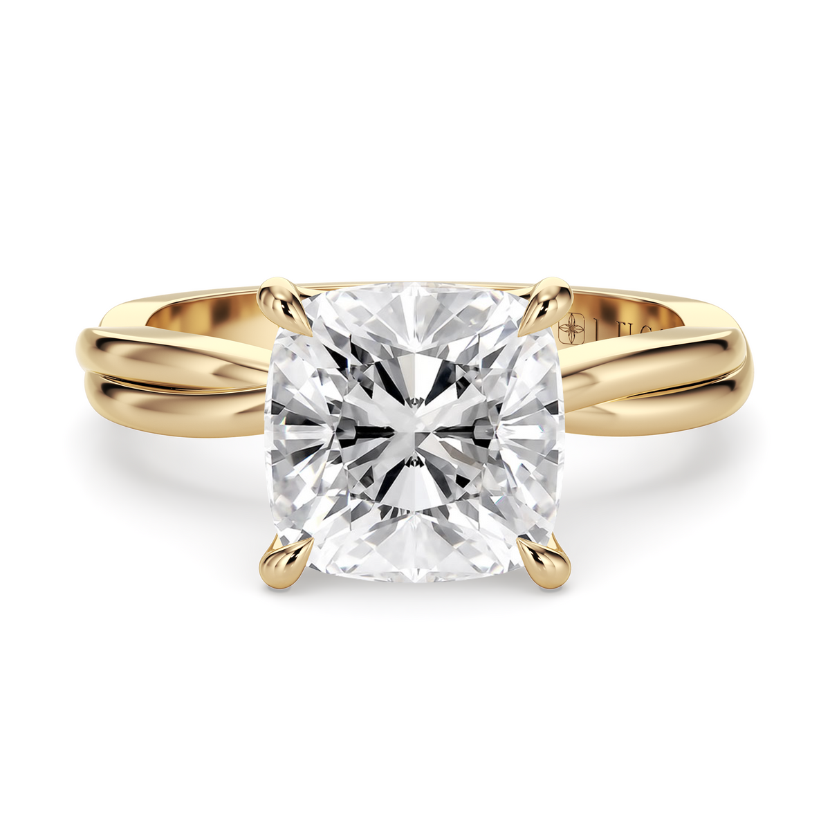 Load image into Gallery viewer, LUCCE Twisting Cushion Solitaire Diamond Engagement Ring with Petal Prongs in Gold or Platinum

