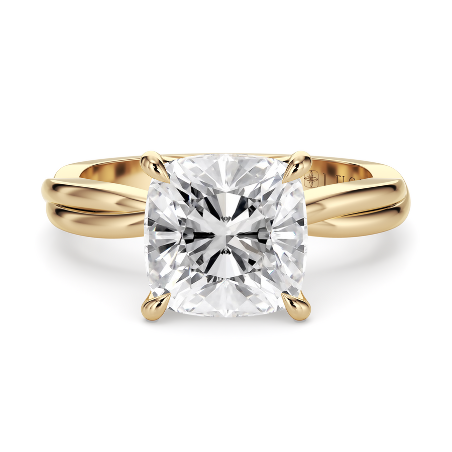 Load image into Gallery viewer, LUCCE Twisting Cushion Solitaire Diamond Engagement Ring with Petal Prongs in Gold or Platinum
