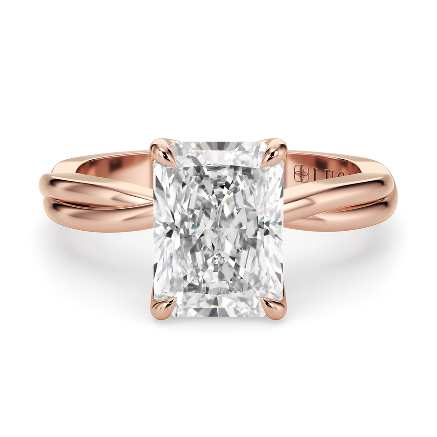 Load image into Gallery viewer, LUCCE Twisting Radiant Solitaire Diamond Engagement Ring with Petal Prongs in Gold or Platinum
