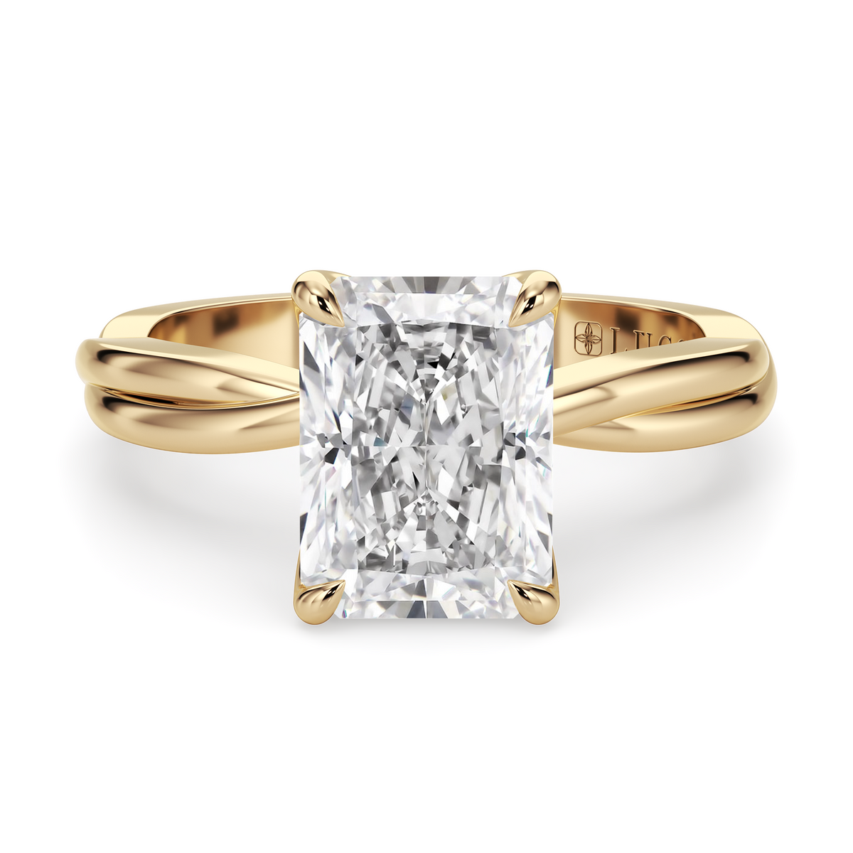 Load image into Gallery viewer, LUCCE Twisting Radiant Solitaire Diamond Engagement Ring with Petal Prongs in Gold or Platinum
