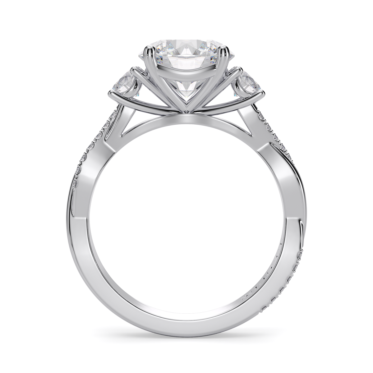 Load image into Gallery viewer, LUCCE Twisting Pavé Round Trilogy Diamond Engagement Ring with Petal Prongs in Gold or Platinum
