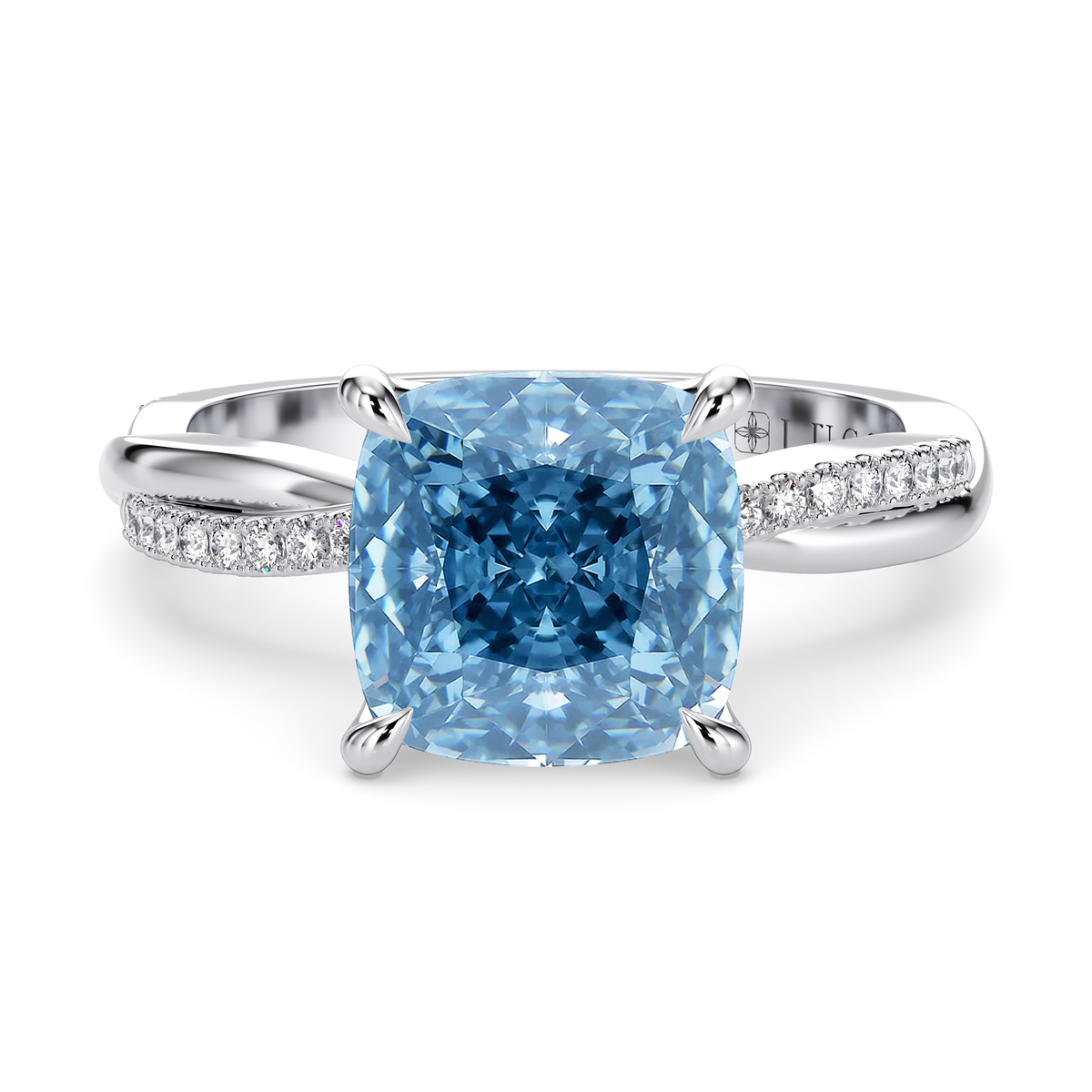 Load image into Gallery viewer, LUCCE Twisting Cushion Pavé Blue Diamond Engagement Ring with Petal Prongs in Gold or Platinum
