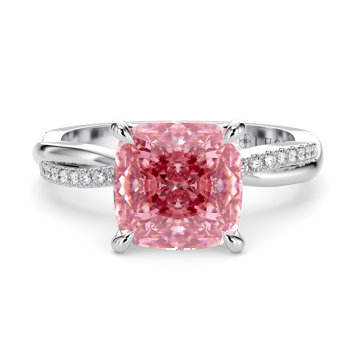 Load image into Gallery viewer, LUCCE Twisting Cushion Pavé Pink Diamond Engagement Ring with Petal Prongs in Gold or Platinum
