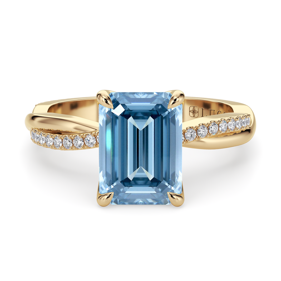 Load image into Gallery viewer, LUCCE Twisting Emerald Pavé Blue Diamond Engagement Ring with Petal Prongs in Gold or Platinum
