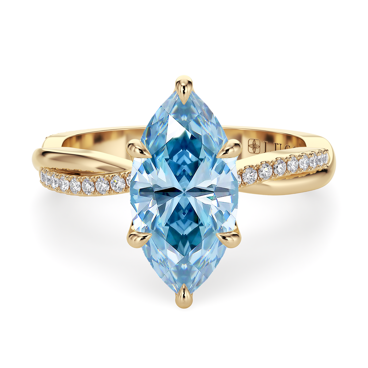 Load image into Gallery viewer, LUCCE Twisting Marquise Pavé Blue Diamond Engagement Ring with Petal Prongs in Gold or Platinum
