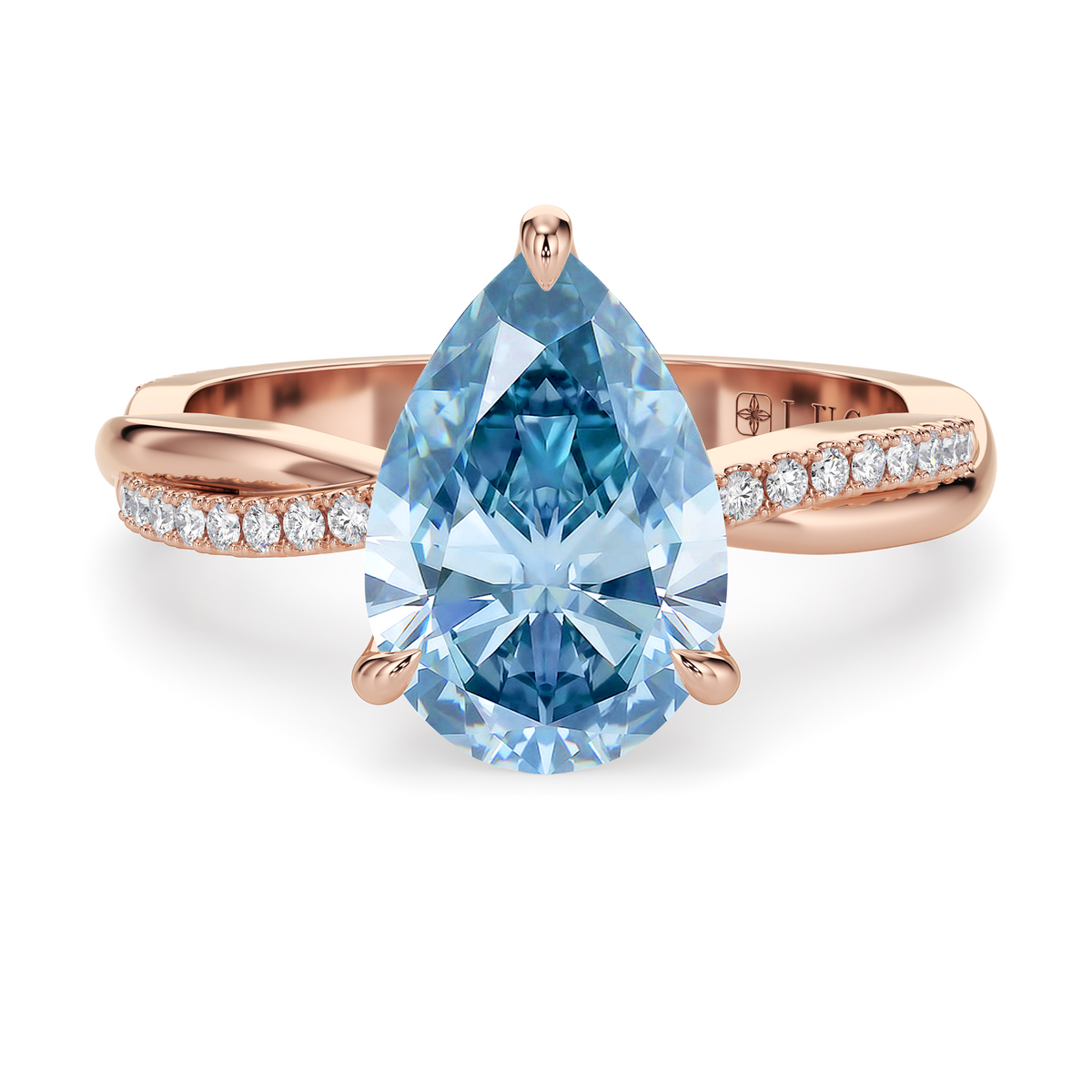 Load image into Gallery viewer, LUCCE Twisting Pear Pavé Blue Diamond Engagement Ring with Petal Prongs in Gold or Platinum
