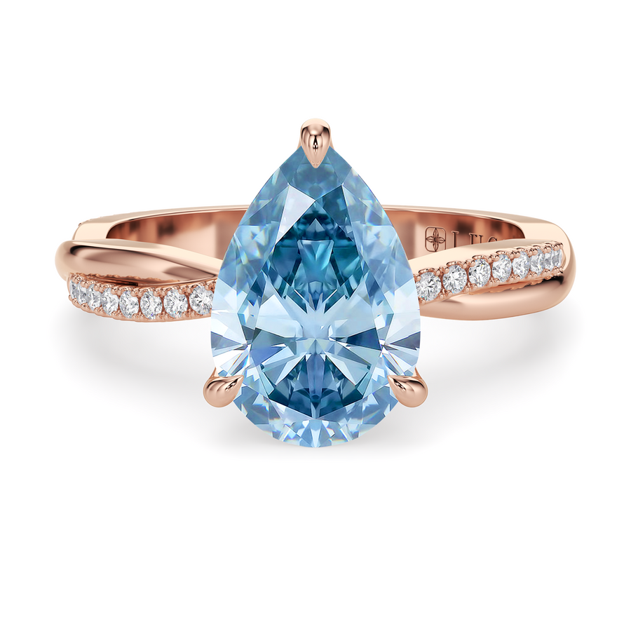 Load image into Gallery viewer, LUCCE Twisting Pear Pavé Blue Diamond Engagement Ring with Petal Prongs in Gold or Platinum
