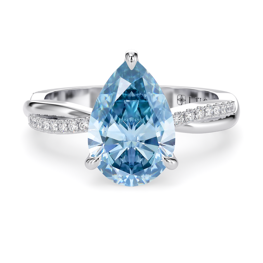 Load image into Gallery viewer, LUCCE Twisting Pear Pavé Blue Diamond Engagement Ring with Petal Prongs in Gold or Platinum
