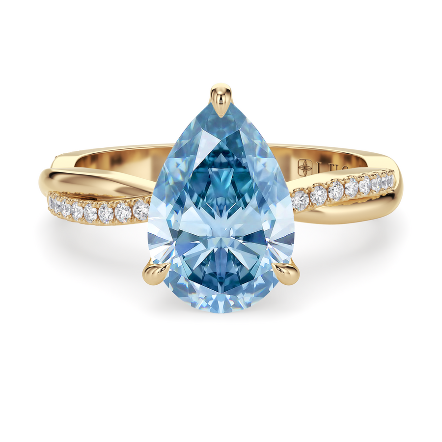 Load image into Gallery viewer, LUCCE Twisting Pear Pavé Blue Diamond Engagement Ring with Petal Prongs in Gold or Platinum
