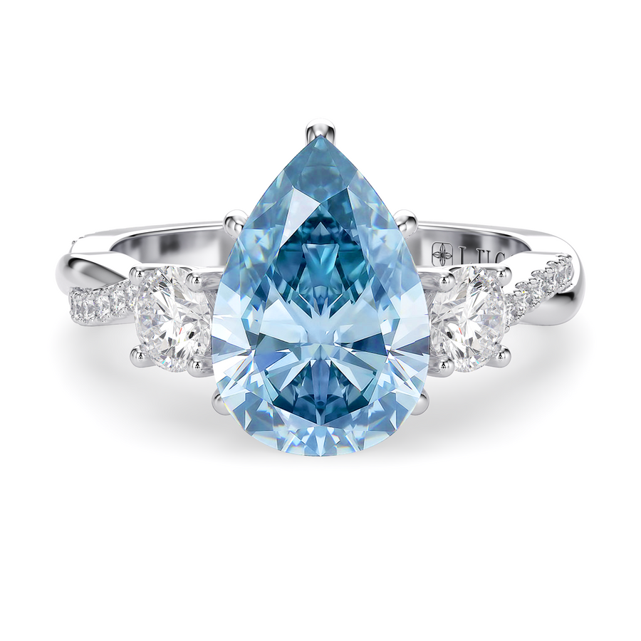 Load image into Gallery viewer, LUCCE Twisting Pear Pavé Trio Blue Diamond Engagement Ring with Petal Prongs in Gold or Platinum
