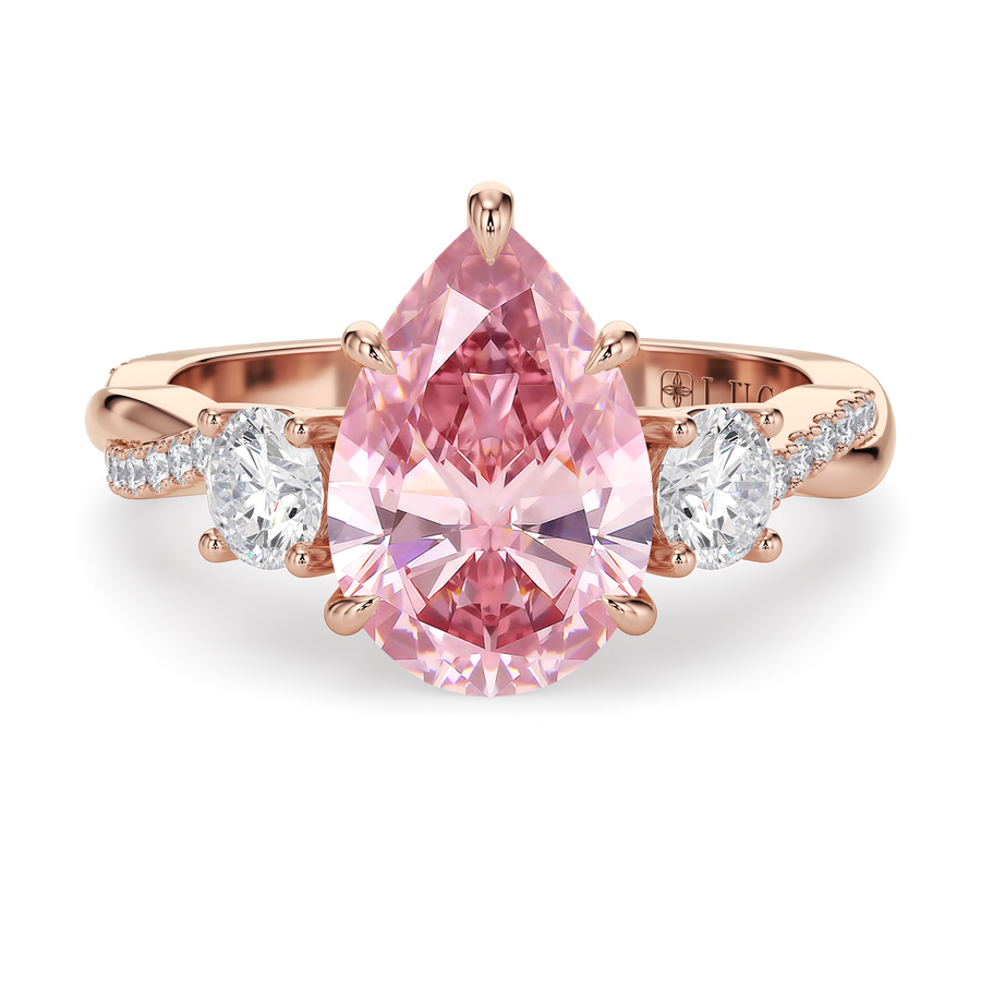 Load image into Gallery viewer, LUCCE Twisting Pear Pavé Trio Pink Diamond Engagement Ring with Petal Prongs in Gold or Platinum
