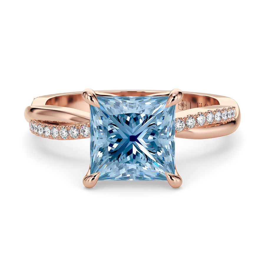 Load image into Gallery viewer, LUCCE Twisting Princess Pavé Blue Diamond Engagement Ring with Petal Prongs in Gold or Platinum
