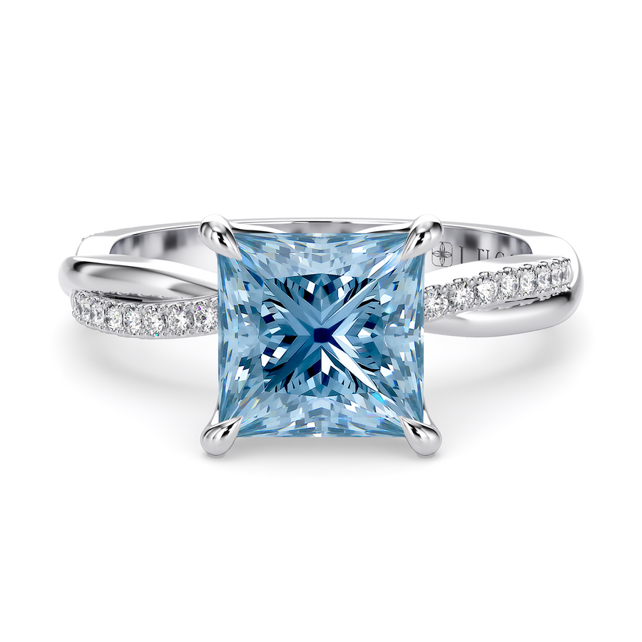 Load image into Gallery viewer, LUCCE Twisting Princess Pavé Blue Diamond Engagement Ring with Petal Prongs in Gold or Platinum
