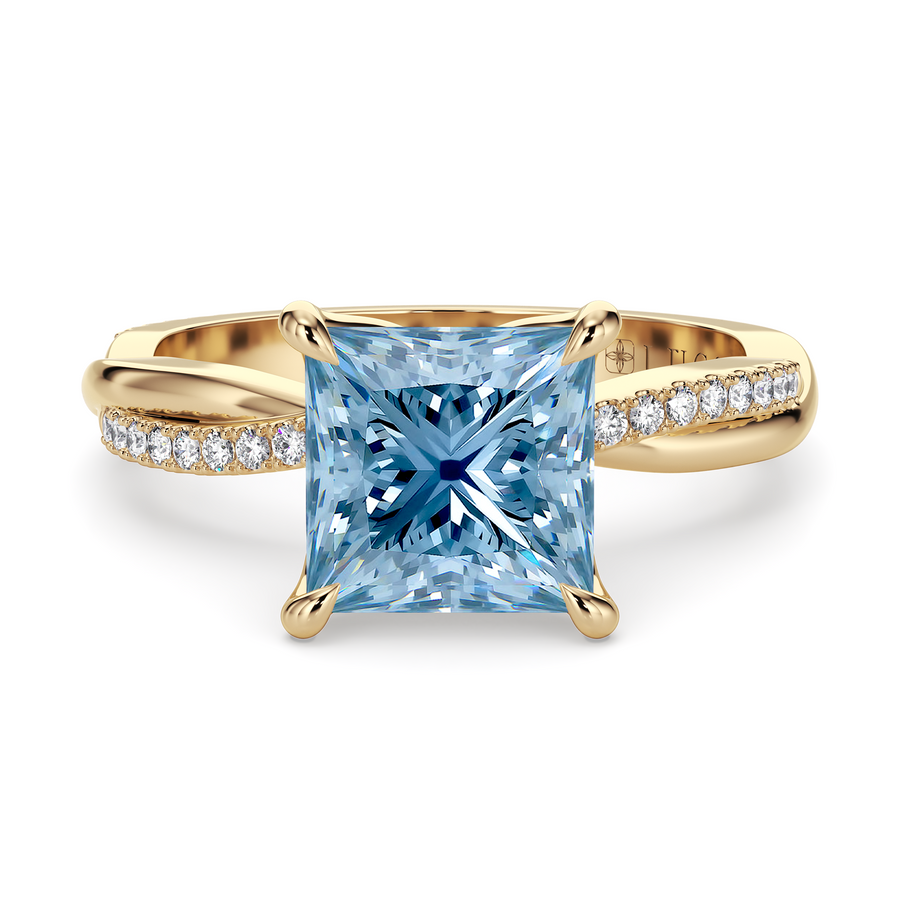 Load image into Gallery viewer, LUCCE Twisting Princess Pavé Blue Diamond Engagement Ring with Petal Prongs in Gold or Platinum
