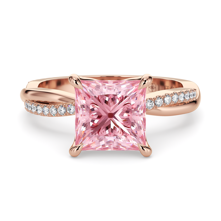 Load image into Gallery viewer, LUCCE Twisting Princess Pavé Pink Diamond Engagement Ring with Petal Prongs in Gold or Platinum
