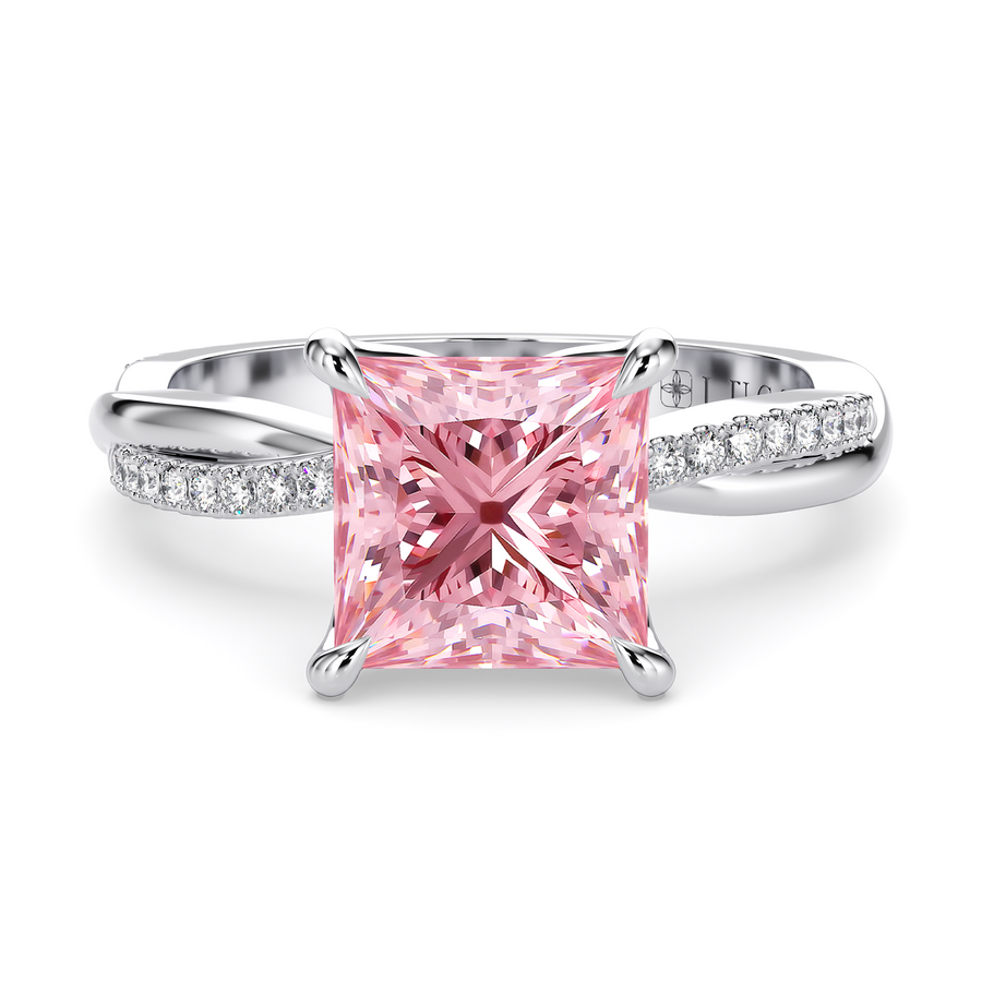 Load image into Gallery viewer, LUCCE Twisting Princess Pavé Pink Diamond Engagement Ring with Petal Prongs in Gold or Platinum
