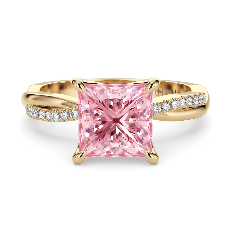 Load image into Gallery viewer, LUCCE Twisting Princess Pavé Pink Diamond Engagement Ring with Petal Prongs in Gold or Platinum
