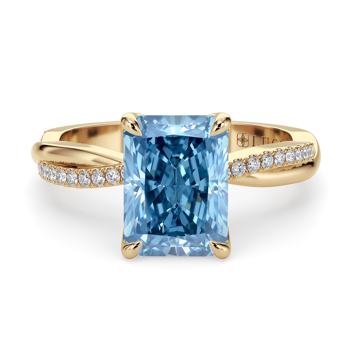 Load image into Gallery viewer, LUCCE Twisting Radiant Pave Blue Diamond Engagement Ring with Petal Prongs in Gold or Platinum
