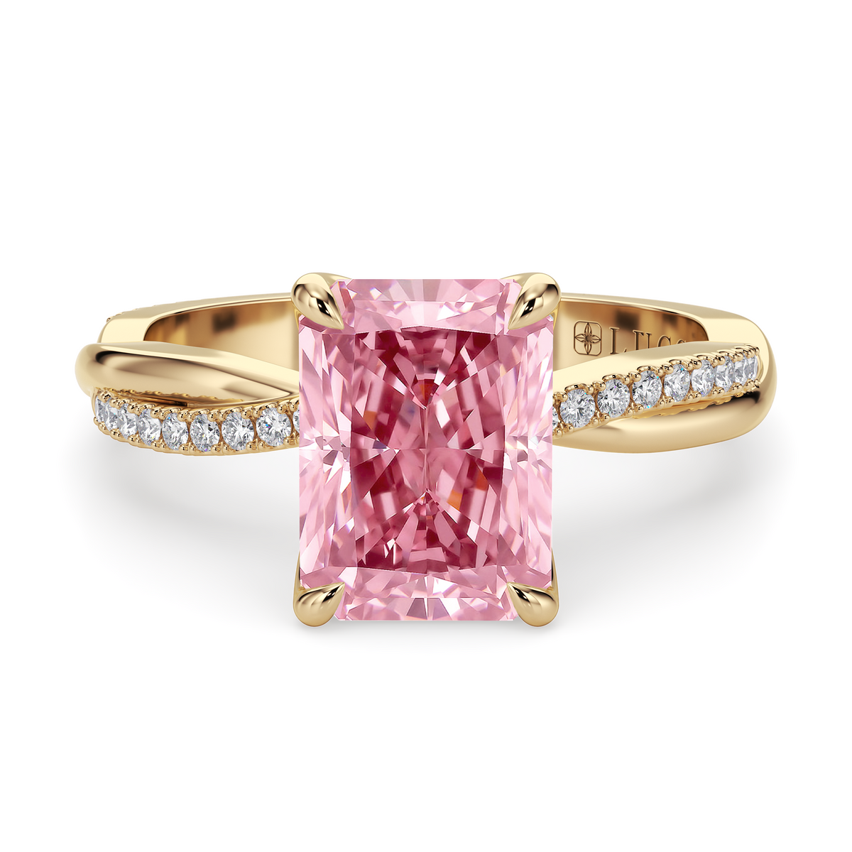Load image into Gallery viewer, LUCCE Twisting Radiant Pave Pink Diamond Engagement Ring with Petal Prongs in Gold or Platinum
