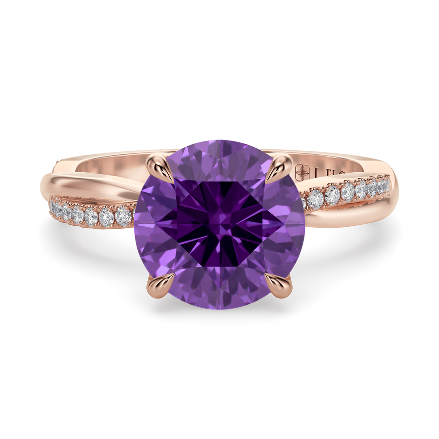 Load image into Gallery viewer, LUCCE Twisting Pavé Round Amethyst Gemstone Engagement Ring with Petal Prongs in Gold or Platinum
