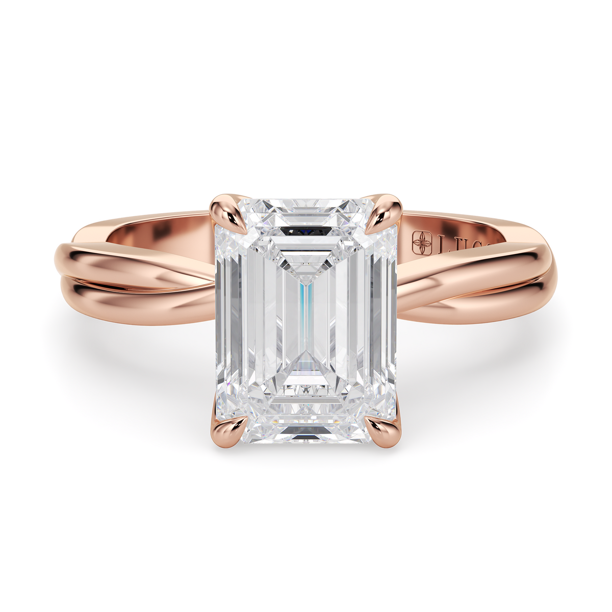 Load image into Gallery viewer, LUCCE Twisting Emerald Solitaire Diamond Engagement Ring with Petal Prongs in Gold or Platinum
