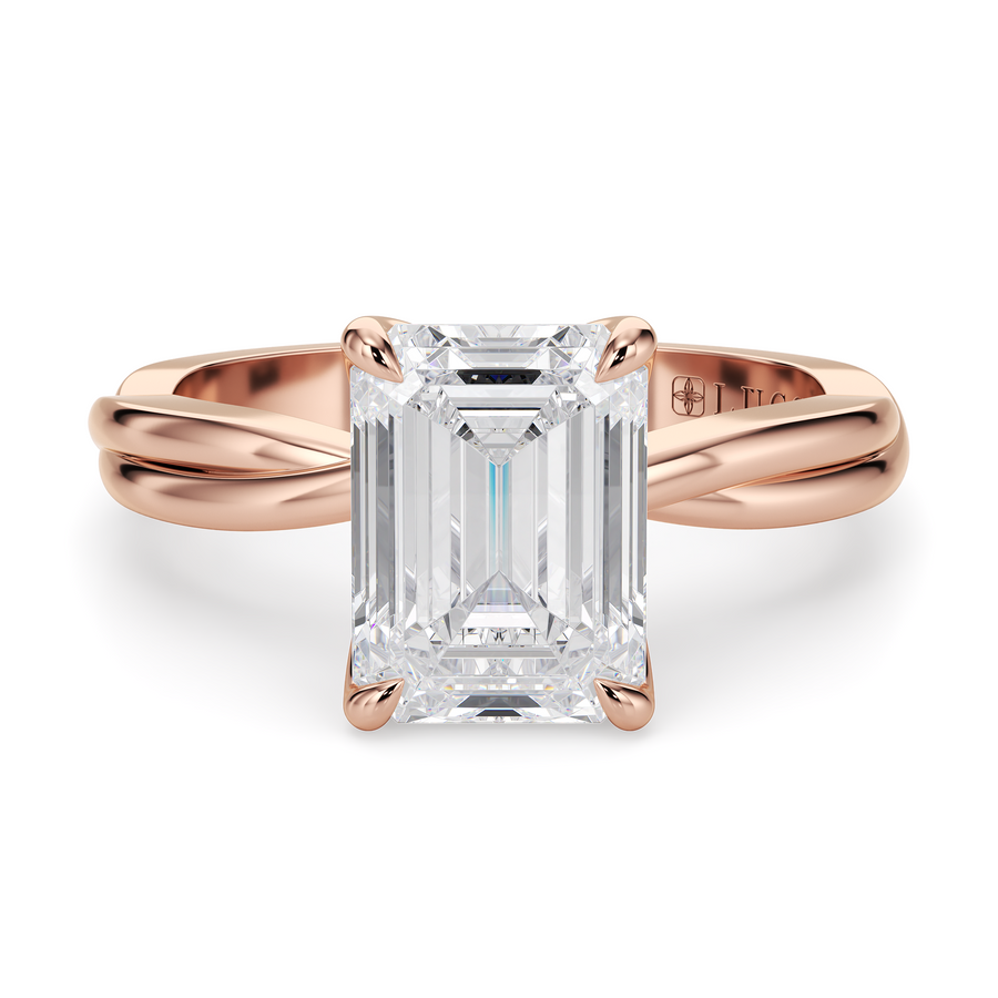 Load image into Gallery viewer, LUCCE Twisting Emerald Solitaire Diamond Engagement Ring with Petal Prongs in Gold or Platinum
