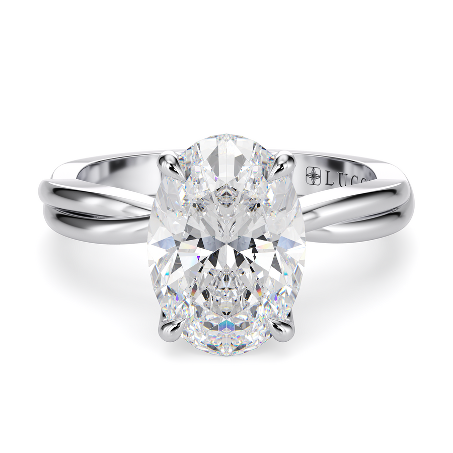 Load image into Gallery viewer, LUCCE Twisting Solitaire Oval  Diamond Engagement Ring with Petal Prongs in Gold or Platinum
