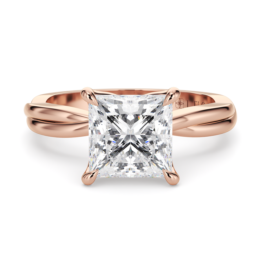Load image into Gallery viewer, LUCCE Twisting Princess Solitaire Diamond Engagement Ring with Petal Prongs in Gold or Platinum
