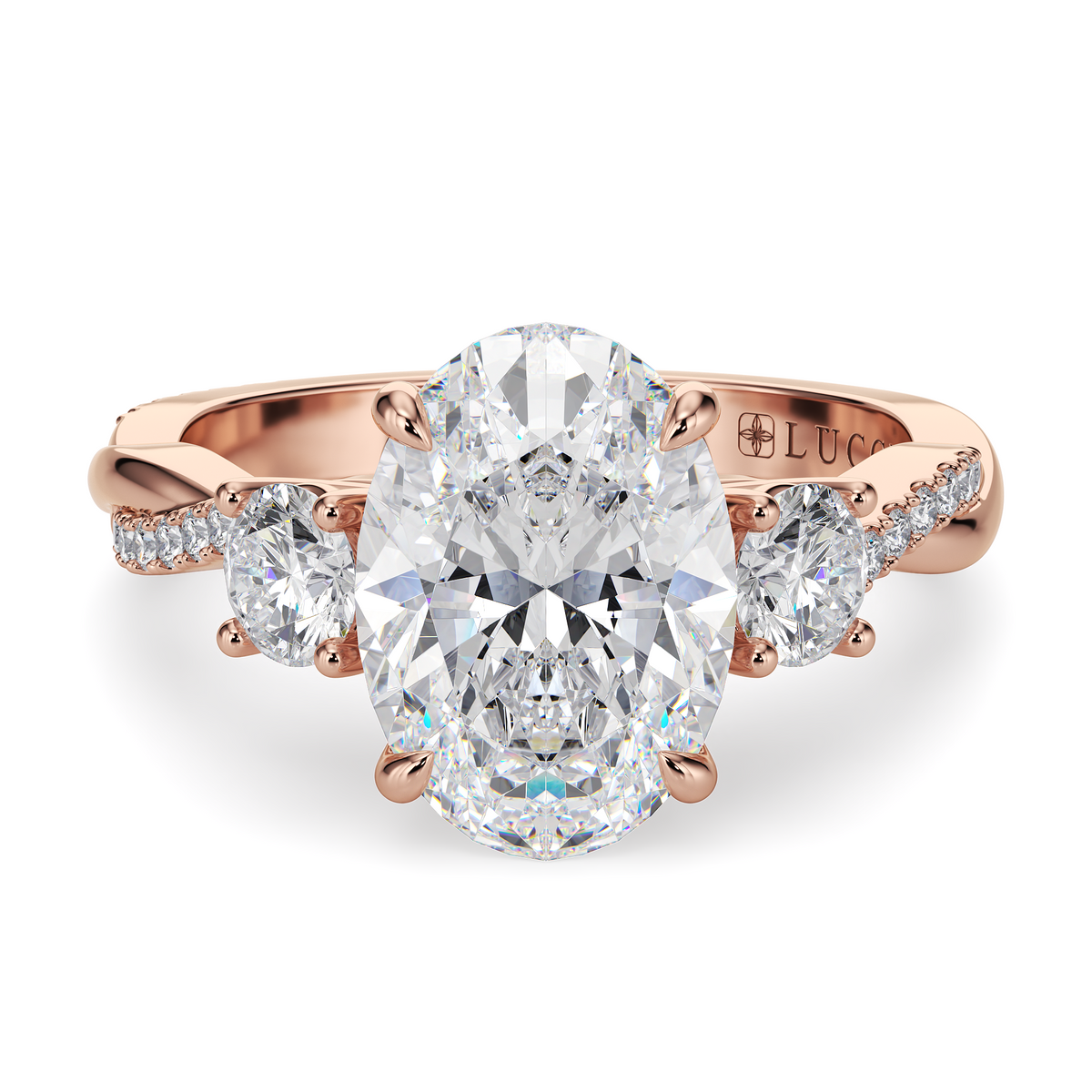 Load image into Gallery viewer, LUCCE Twisting Pavé Oval Trilogy  Diamond Engagement Ring with Petal Prongs in Gold or Platinum
