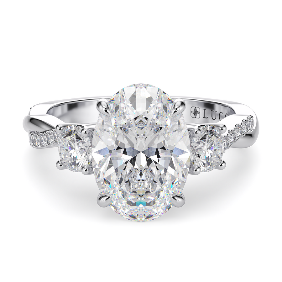 Load image into Gallery viewer, LUCCE Twisting Pavé Oval Trilogy  Diamond Engagement Ring with Petal Prongs in Gold or Platinum
