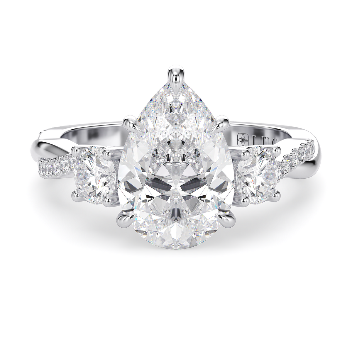 Load image into Gallery viewer, LUCCE Twisting Pear Pavé Trio Diamond Engagement Ring with Petal Prongs in Gold or Platinum
