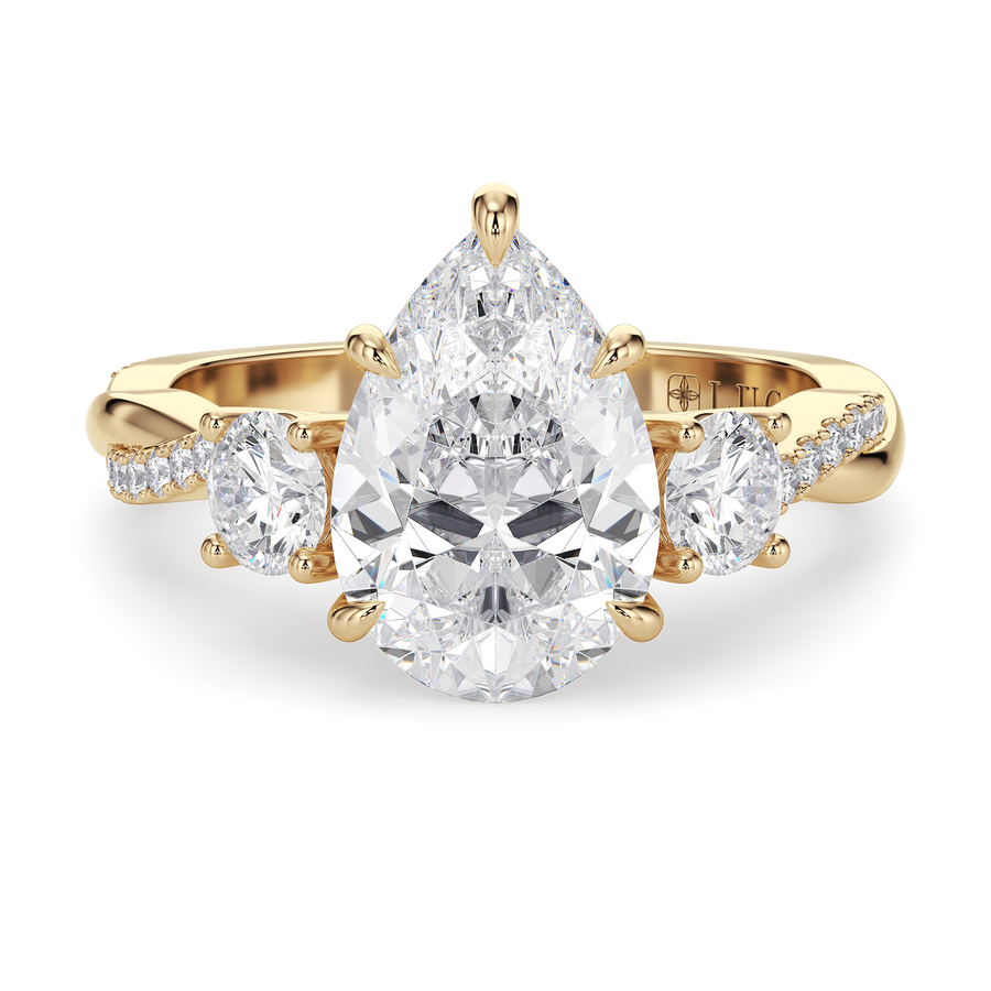Load image into Gallery viewer, LUCCE Twisting Pear Pavé Trio Diamond Engagement Ring with Petal Prongs in Gold or Platinum
