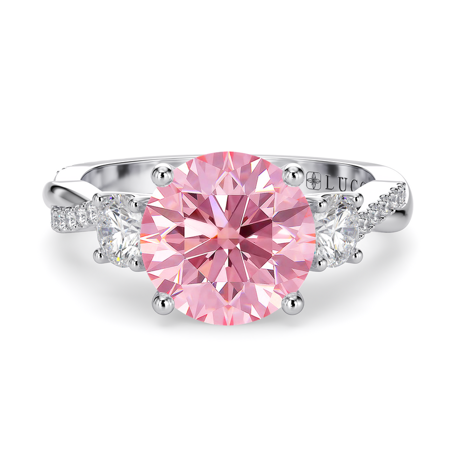 Load image into Gallery viewer, LUCCE Twisting Pavé Round Trilogy Pink Diamond Engagement Ring with Petal Prongs in Gold or Platinum
